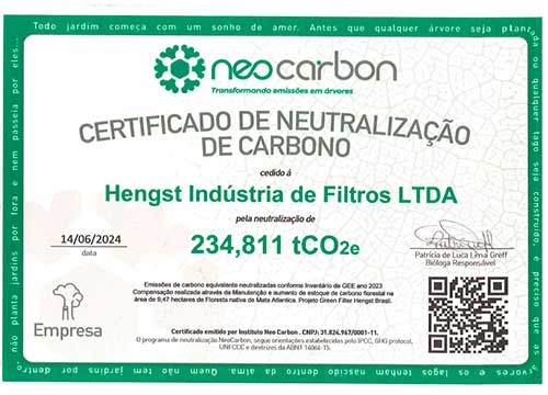 Hengst Filtration planta Brasil recebe selo Carbono Neutro após neutralizar 234 toneladas de CO2