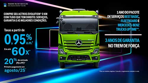Mercedes-Benz oferece taxas a partir de 0,95% a.m. para financiamento de caminhões extrapesados Actros Evolution on-road e Arocs off-road
