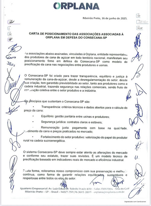  ORPLANA recebe apoio de associações em defesa do CONSECANA-SP