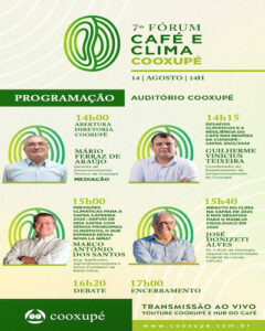 7º Fórum Café e Clima da Cooxupé analisa safras 2025 e 2026 Evento será realizado no dia 14 de agosto, às 14h; Especialistas discutirão desafios e previsões climáticas para a cafeicultura, com transmissão ao vivo A Cooperativa Regional de Cafeicultores em Guaxupé promoverá, no dia 14 de agosto, o 7º Fórum Café e Clima, reunindo especialistas para debater as condições meteorológicas e seus impactos na produção de café. O evento será realizado na sede da Cooxupé, em Guaxupé (MG), das 14h às 17h, com transmissão ao vivo pelo Hub do Café e pelo canal da cooperativa no YouTube. Voltado para produtores, profissionais do setor e estudiosos da cafeicultura e agronomia, o Fórum deste ano tem como foco a análise da safra 2025 e projeções para 2026. A abertura contará com a presença da diretoria executiva da Cooxupé e mediação do engenheiro agrônomo Mário Ferraz de Araújo, gerente de Desenvolvimento Técnico da cooperativa. Dentre os palestrantes estão Guilherme Vinícius Teixeira, engenheiro agrônomo e coordenador de Geoprocessamento da Cooxupé. Ele abordará os desafios climáticos e a resiliência do café na área de atuação da cooperativa, que compreende mais de 360 municípios, com análise da safra 2025/2026. Já as previsões climáticas para a safra 2026 e o que esperar da nova La Niña serão debatidas por Marco Antônio dos Santos, agrometeorologista e sócio-fundador da Rural Clima. O professor doutor José Donizeti Alves, docente de Fisiologia Vegetal da Universidade Federal de Lavras (UFLA), apresentará o impacto do clima na safra de 2025 e nos desafios para o manejo fisiológico em 2026. “O Fórum Café e Clima traz informações técnicas relevantes sobre a colheita atual e como deve ser a próxima safra, por meio de avaliações de palestrantes especialistas em suas áreas. São informações de grande importância para nossos cooperados e, também, para o mercado, pois o clima tem sido um grande desafio a todos os produtores, afetando tanto a produção quanto a produtividade dos cafezais”, afirma Mário Ferraz de Araújo. Agenda 7º Fórum Café e Clima da Cooxupé 14h00 – Abertura 14h15 – Guilherme Vinícius Teixeira (Cooxupé): desafios climáticos e resiliência do café 15h00 – Marco Antônio dos Santos (Rural Clima): previsões climáticas e nova La Niña 15h40 – Prof. Dr. José Donizeti Alves (UFLA): impactos do clima e manejo fisiológico 16h20 – Debate 17h00 – Encerramento Serviço: Data: 14 de agosto Horário: 14h às 17h Local: Sede da Cooxupé – Guaxupé/MG Transmissão ao vivo: Hub do Café e canal da Cooxupé no YouTube
