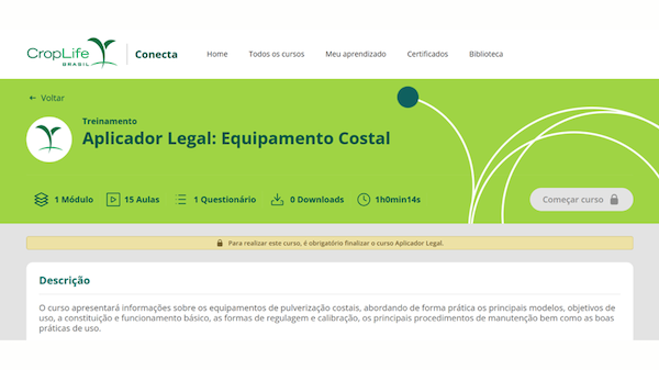 Curso inédito Pulverizador Costal é lançado na plataforma de ensino CropLife Conecta