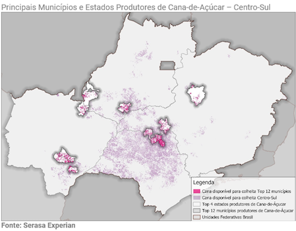 Agro: produção de cana-de-açúcar no Centro-Sul revela concentração regional e polos municipais com produção elevada produção