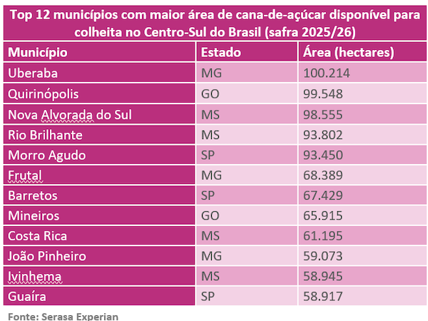 Agro: produção de cana-de-açúcar no Centro-Sul revela concentração regional e polos municipais com produção elevada produção