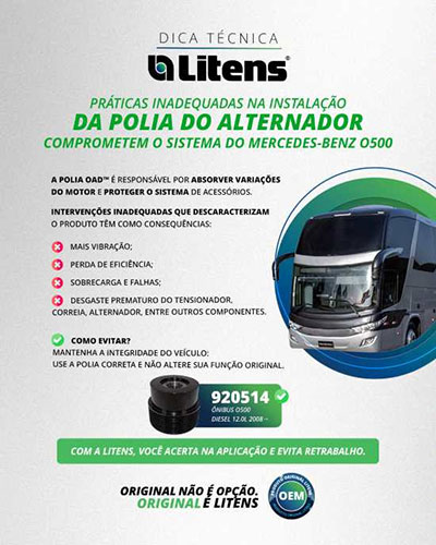 Dica Técnica Litens: prática inadequada na instalação da polia do alternador OAD™ compromete desempenho de ônibus Mercedes-Benz O500