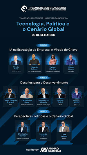 Tecnologia, Política e o Cenário Global é tema do 11º Congresso da ABIMAQ, que debaterá os impactos da IA, política e nova economia na indústria de máquinas